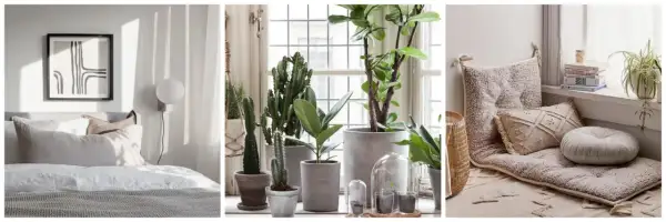 Sovrum med minimalistisk inredning, växter vid fönstret och en mysig sittplats.