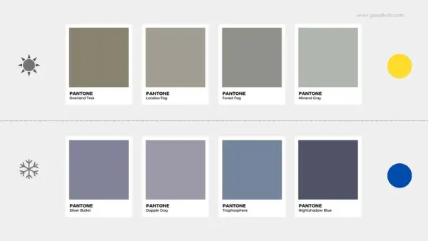 Tonalità di grigio: Overland Trek e London Fog sembrano caldi, mentre Mineral Gray e Silver Bullet suggeriscono che il grigio è un colore freddo.