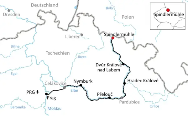 Karte des Elberadwegs in Tschechien, von Prag über Hradec Králové nach Spindlermühle.