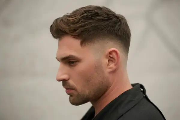 Un homme avec une coupe homme vers l'avant, dégradé sur les côtés. Cheveux bruns ondulés, barbe courte.