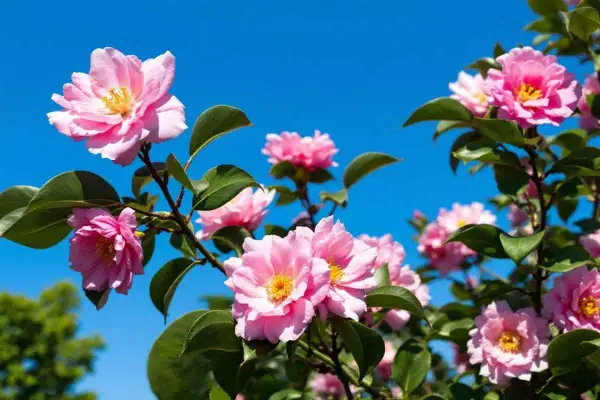 Des fleurs de camélia roses épanouies sous un ciel bleu vif. La **taille camelia** a permis à ces magnifiques fleurs de s'épanouir.