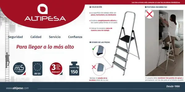 Escalera doméstica Altipesa con peldaños de tamaño adecuado para seguridad. Incluye información sobre colocación, estado de piezas y posturas correctas.