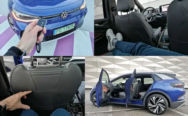 Kluczyk do **Volkswagen ID.4** w dłoni, wnętrze z wygodnymi fotelami i widok na tył samochodu z otwartymi drzwiami.