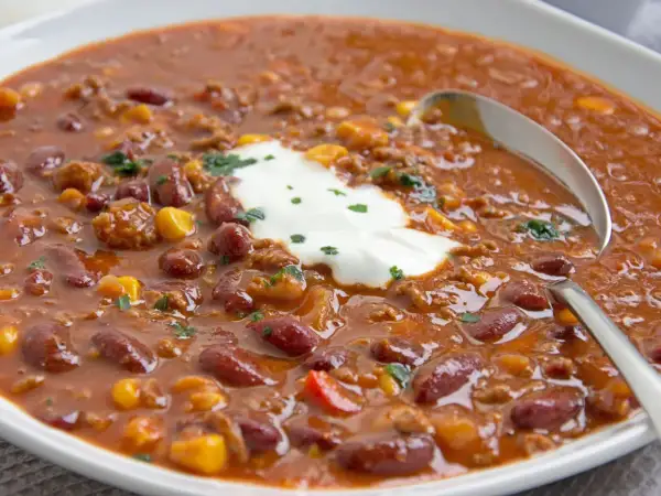 Herzhaftes Chili con Carne original mit Kidneybohnen, Mais und Hackfleisch, garniert mit einem Klecks saurer Sahne und Petersilie.