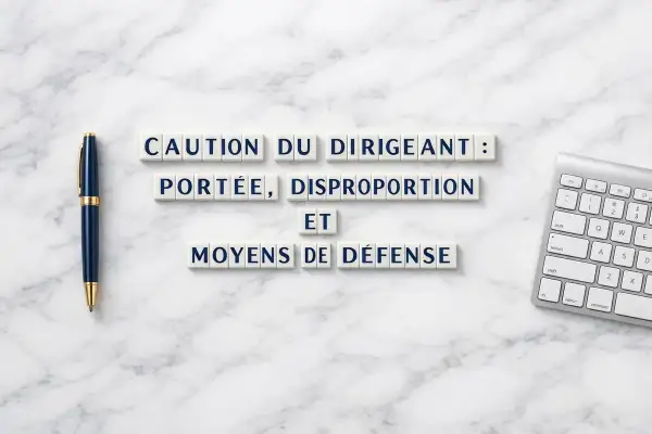 Lettres formant "Caution du dirigeant : portée, disproportion et moyens de défense". Un stylo bleu et un clavier sont visibles.