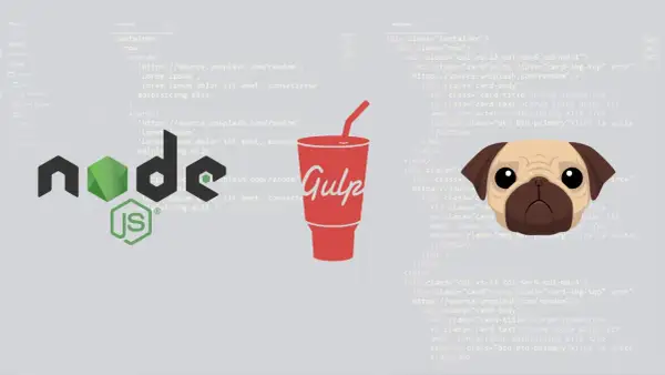 Un pug regarde du code Pug.js, une boisson "Gulp" et le logo Node.js.