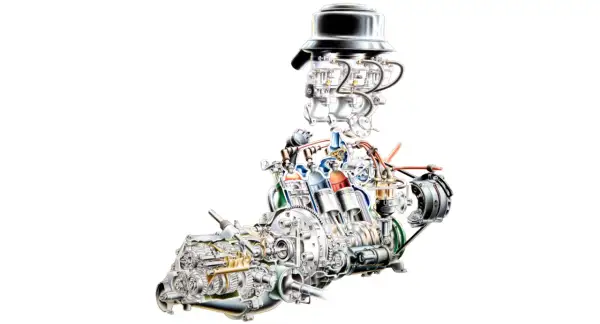 Detaljerad illustration av en 3 cylindrig motor med förgasare och växellåda.