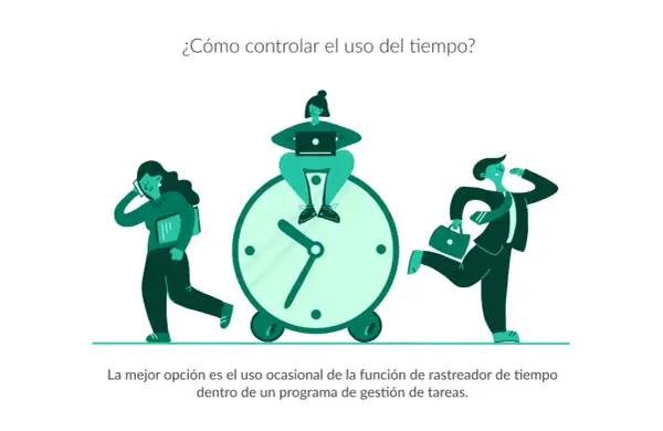 Personas ocupadas alrededor de un reloj gigante. Una mujer habla por teléfono, otra trabaja en laptop sentada en el reloj, y un hombre corre con maletín. Clave para como mejorar la productividad de una empresa.