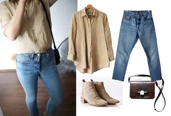 Klasyczne levis 501 stylizacje: beżowa koszula, jeansy, botki i torebka.