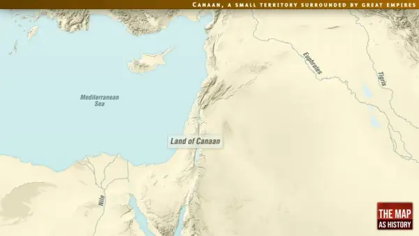 Mapa starożytnego Bliskiego Wschodu z zaznaczonym Kanaanem, Morzem Śródziemnym, Nilem, Eufratem i Tygrysem.