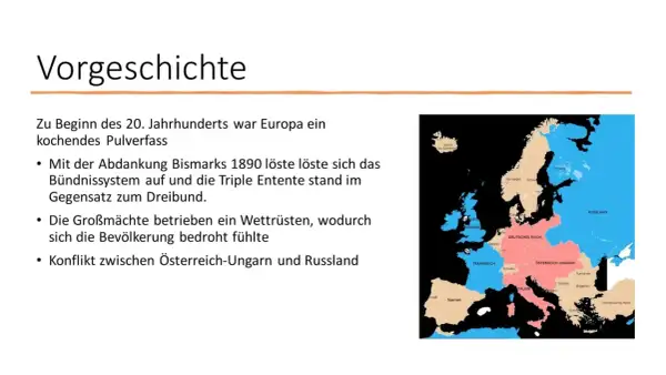 Karte Europas vor der Julikrise 1914: Bündnissysteme und Spannungen, die zum Krieg führten.