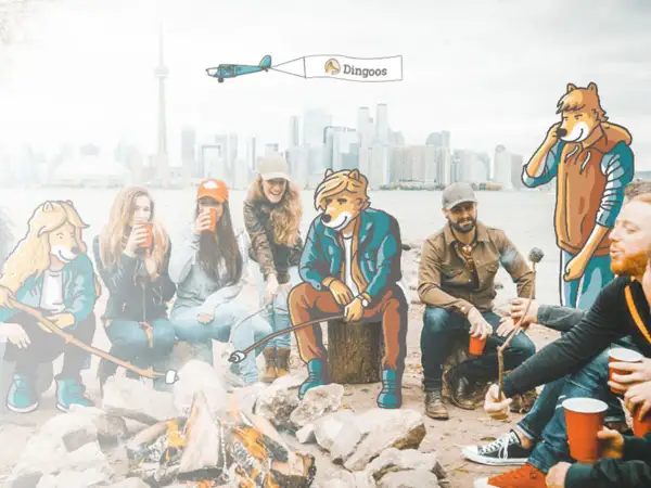Amigos antropomórficos y humanos disfrutan de una fogata en Canadá, un intercambio cultural con el logo de "Dingoos".