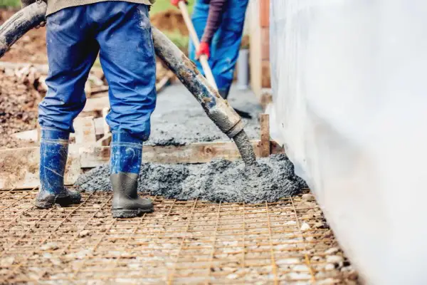 Pracownicy wylewają beton na zbrojenie. Dowiedz się, jak obliczyć kubik betonu na budowie.