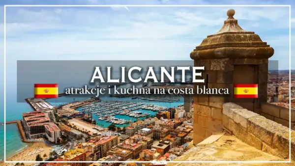 Widok na Alicante, z portem pełnym łodzi i urokliwym stare miasto. Obok kamiennej wieży widnieje hiszpańska flaga.