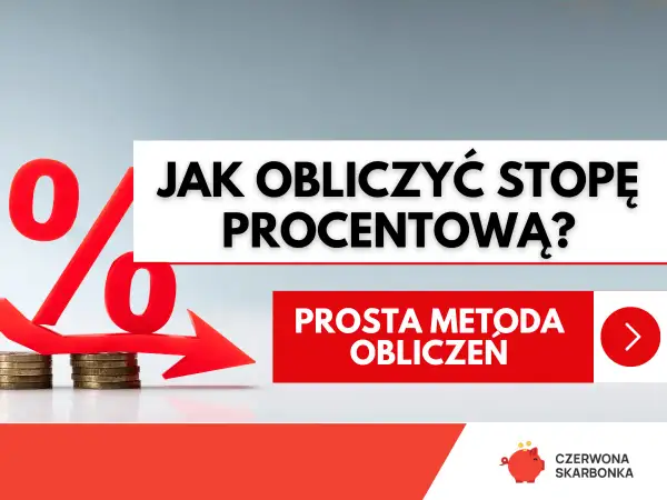 Czerwony symbol procentu i strzałka wskazująca w dół nad monetami.