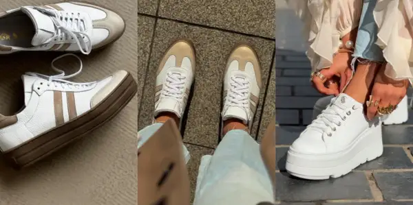 Stylowe sneakersy co to za buty? Białe, skórzane, z beżowymi akcentami i grubą podeszwą. Idealne na co dzień.