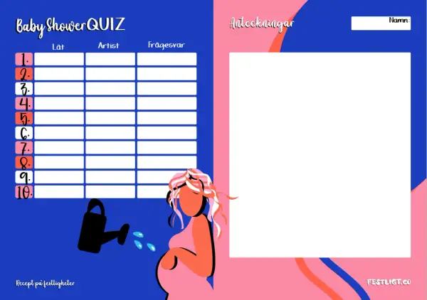 Baby Shower QUIZ-formulär med plats för låt, artist och svar. En illustration av en gravid kvinna och en vattenkanna. Perfekt för lekar på babyshower.