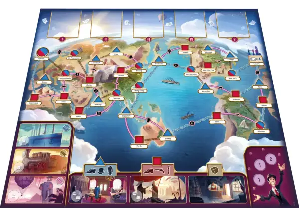Spielbrett für "In 80 Tagen um die Welt". Spieler reisen mit Schiff und Bahn um den Globus, um das Ziel London zu erreichen.