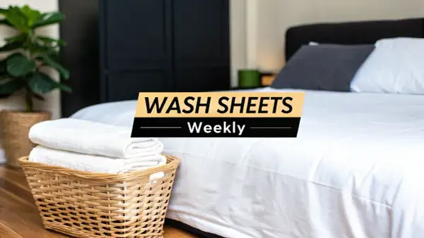 A clean bedroom with a neatly made bed. A basket of folded white towels sits beside the bed. Text overlay reads: "WASH SHEETS Weekly.