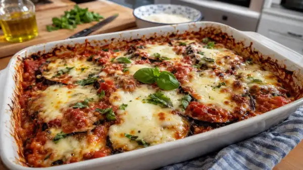 Aubergine, tomate et mozzarella au four, un plat gratiné et savoureux. Parfait pour une recette d'aubergine tomate mozzarella au four.