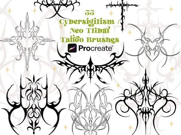 Zbiór 55 pędzli Procreate z motywami neo tribal, idealnych do tworzenia futurystycznych tatuaży.
