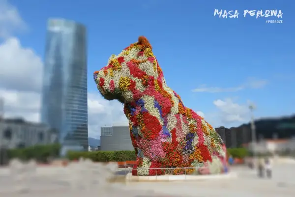 Kwiatowy pies w Bilbao, największym mieście kraju Basków, na tle nowoczesnej architektury.