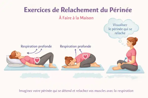 Exercices de relaxation du périnée à la maison. Kine pour rééducation périnéale, avec des postures et respiration profonde pour relâcher les muscles.