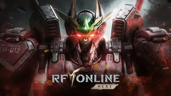 Potężny mech z gry "Rangers of Oblivion" z czerwonymi, świecącymi oczami i złotymi elementami.