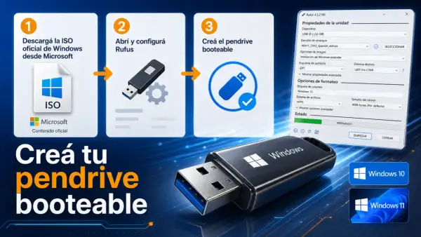 Proceso para crear un pendrive booteable de Windows usando Rufus y un USB 3.1. Descarga ISO, configura Rufus y crea la unidad.