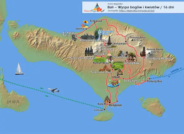 Mapa Bali z zaznaczoną trasą 16-dniowej wycieczki "Wyspa bogów i kwiatów". Zobacz miejsca takie jak Ubud, Kuta, Lovina i wulkany. Idealna dla Twojego bali bloga.