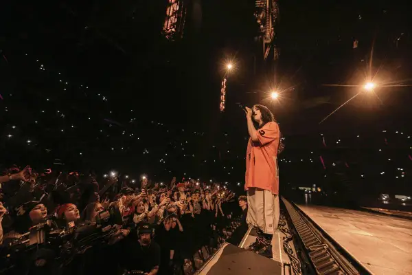Billie Eilish śpiewa na koncercie przed rozentuzjazmowanym tłumem z telefonami w górze.
