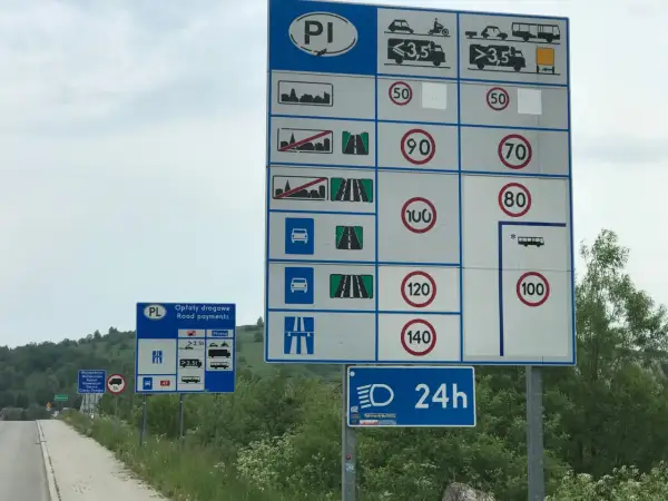 Znaki drogowe informujące o różnych rodzajach dróg, opłatach i ograniczeniach prędkości. Wskazują na różne rodzaje pojazdów i dopuszczalne prędkości na poszczególnych odcinkach.