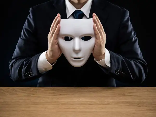 Man in pak houdt wit masker voor gezicht, symboliseert psychopaat kenmerken zoals bedrog en gebrek aan empathie.