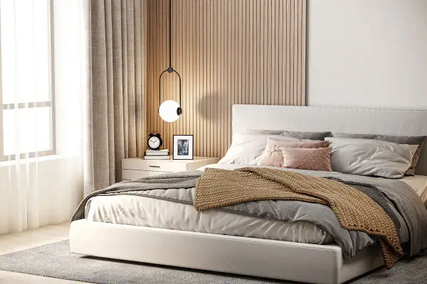 Pittura idee parete dietro letto matrimoniale: pannelli in legno chiaro creano un'atmosfera calda e accogliente, perfetti per ispirare il tuo riposo.
