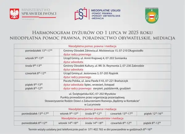 Harmonogram dyżurów od 1 lipca 2025 r. w Wyszkowie. Dowiedz się, jak wziąć adwokata z urzędu, gdzie uzyskać bezpłatną pomoc prawną i mediacje.