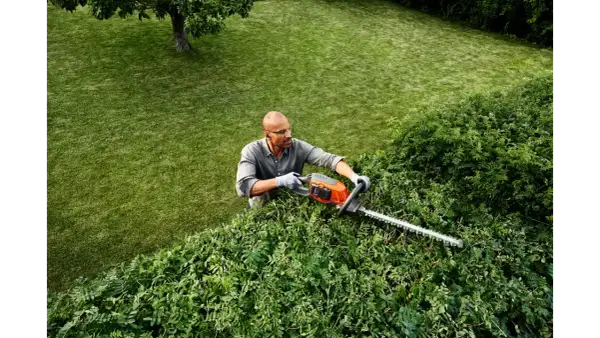 Hombre con gafas y guantes realiza la poda de setos con una cortasetos eléctrica. El césped verde y un árbol completan la escena.