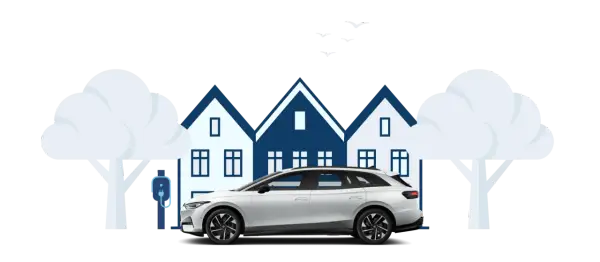 En vit elbil laddas vid ett hus. Tänk på vad som ingår i leasing av bil för en bekymmersfri vardag.