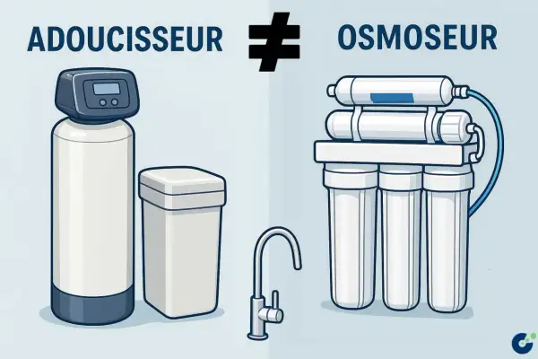 Comparaison entre un adoucisseur et un osmoseur, illustrant les différences dans le traitement de l'eau par osmose.