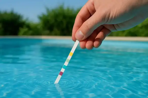 En hand doppar en teststicka i poolen för att kontrollera vattnet. Vattnet ser klart ut, inte grumligt poolvatten.