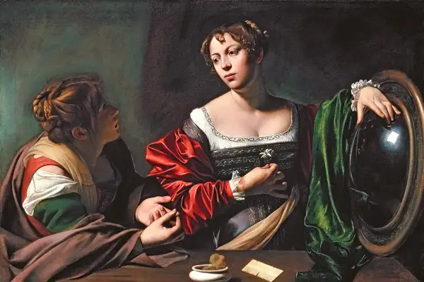 Maria Magdalena w obrazie Caravaggia, zamyślona, trzyma kwiat. Obok niej druga kobieta, symbolizująca pokusę.