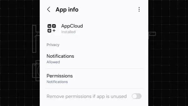 Informations sur l'application AppCloud sur Samsung. Notifications autorisées, permissions à gérer.