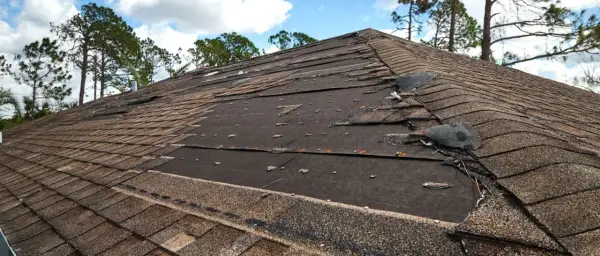 Damaged asphalt shingle roof repair needed. Many shingles are torn, lifted, or missing, exposing the underlayment.