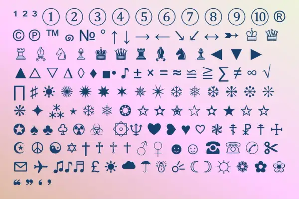 Zbiór symboli matematycznych i graficznych, w tym cyfry, strzałki, figury geometryczne, symbole religijne i inne.