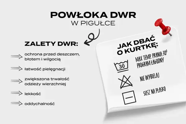 DWR co to? Powłoka DWR chroni przed deszczem, błotem i wilgocią, ułatwia pielęgnację i zwiększa trwałość odzieży.