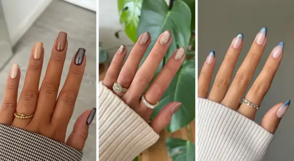 Trois mains aux ongles courts et soignés : nudes et métalliques, pailletés dorés, ou french manucure bleue. Une belle idée ongle court pour chaque style.