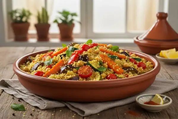 Un saporito cous cous con verdure miste, ceci e menta, servito in una ciotola di terracotta.