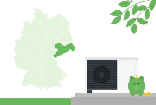 Sachsen hebt sich auf der Deutschlandkarte ab. Eine Wärmepumpe und ein Sparschwein deuten auf das neue Heizungsgesetz hin.
