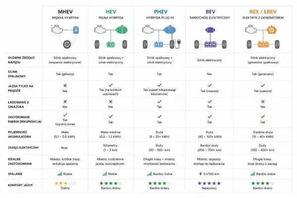 Porównanie rodzajów hybryd: MHEV, HEV, PHEV, BEV, REX/EREV. Tabela przedstawia kluczowe cechy, zastosowanie i osiągi.
