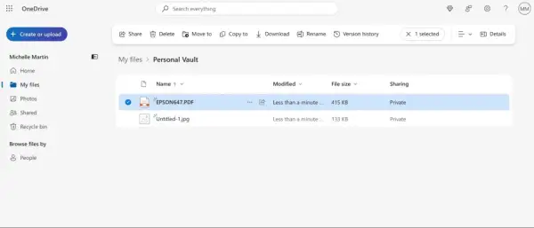 OneDrive interface showing a PDF and JPG file in a "Personal Vault" folder, similar to free file sharing sites like Dropbox.