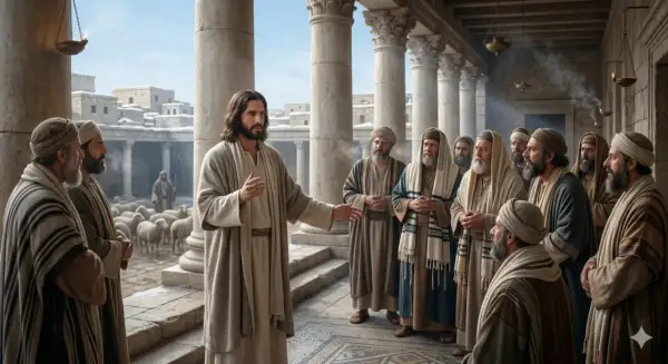 Jesus lehrt seine Jünger, wie in Johannes 5,30 beschrieben. Er steht vor einer Gruppe von Männern, während Schafe im Hintergrund grasen.